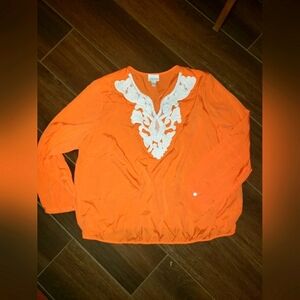 CHICO'S Tangerine Peasant Blouse sz 4 EMBROIDERED
